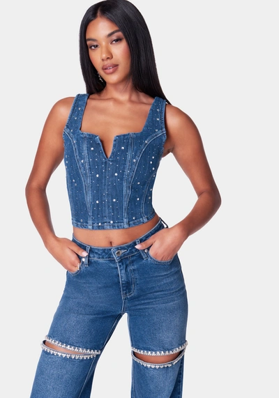 Bebe Rhinestone Detail Denim Bustier In True Blue Wash