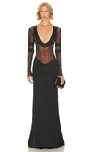 LAQUAN SMITH SCOOP NECK GOWN WITH SATIN TRIM