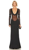Laquan Smith Plunging Scoop-neck Mesh Long-sleeve Satin Gown In Black