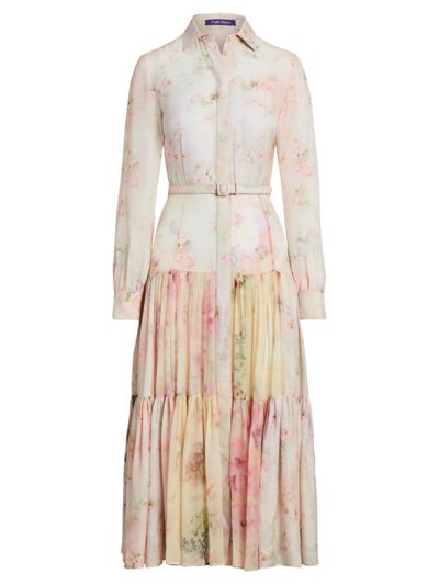 Ralph Lauren Ellasandra Floral Watercolor Tiered Midi Belted Dress In Soft Pink Multi