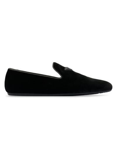 Prada Triangle-logo Velvet Loafers In Black