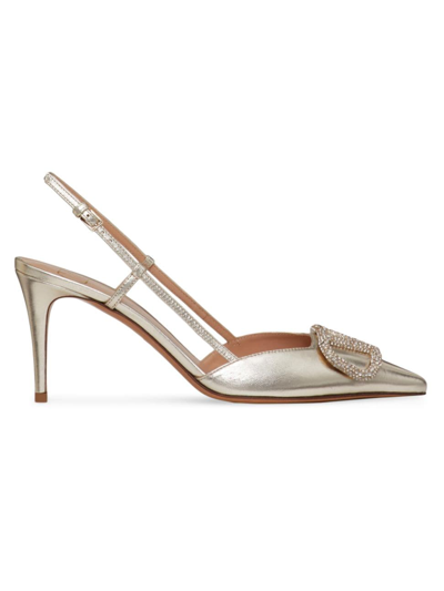 Valentino Garavani Vlogo Glow 80 Swarovski Crystal-embellished Metallic Leather Slingback Pumps In Platinum