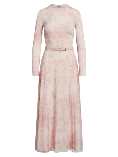 Ralph Lauren Painted Garden Long-sleeve Tulle Midi Dress With Leather Belt In Light Mauve Multi