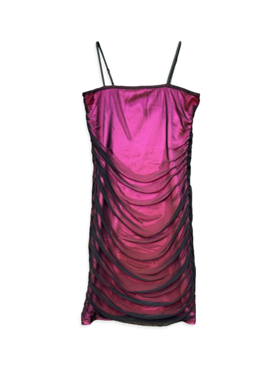 Un Deux Trois Girl's Mesh Dotted & Ruched Dress In Black Fuchsia