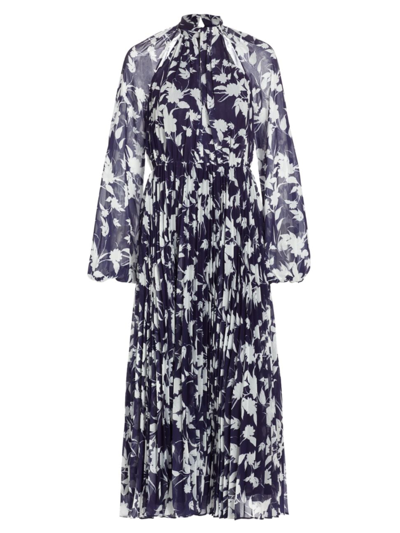 Monique Lhuillier Abbie Chiffon Long Dress In Indigo Botanical In Multi