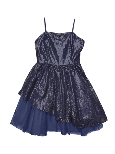 Un Deux Trois Kids' Girl's Sequined Peek-a-boo Tulle Dress In Navy