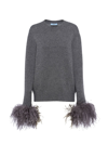 Prada Feather-trimmed Cashmere Crew-neck Sweater In Grey