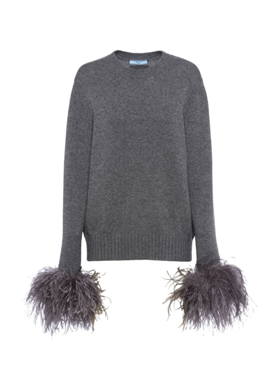 Prada Feather-trimmed Cashmere Crew-neck Sweater In Slate Gray