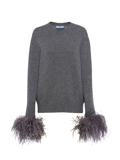 Prada Feather-trimmed Cashmere Crew-neck Jumper In Grey