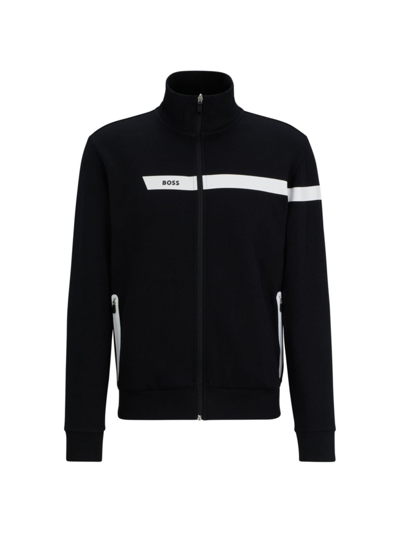 HUGO BOSS MEN'S COTTON-BLEND ZIP-UP SWEATSHIRT WITH GRAPHIC LOGO STRIPE