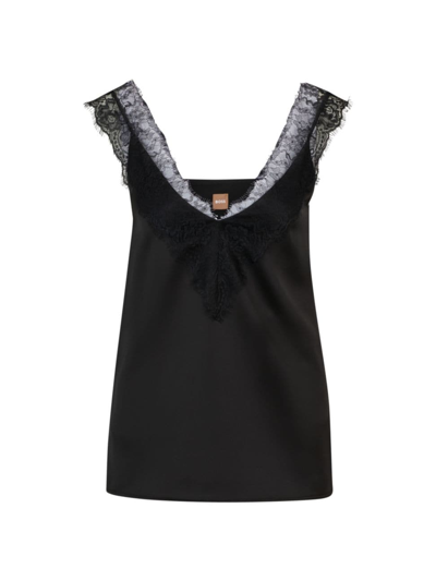 Hugo Boss Sleeveless Top In Heavyweight Satin With Lace Trim In Black