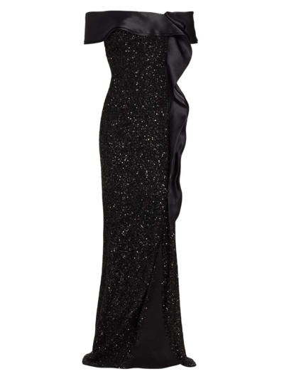 Teri Jon By Rickie Freeman Women's Sequined Satin-ruffled Column Gown In Black