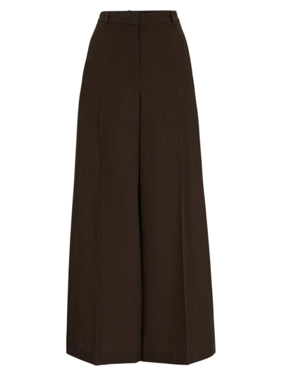 Hugo Boss Women's Relaxed-fit Wide-leg Wool Trousers With Skirt Effect In Dark Brown