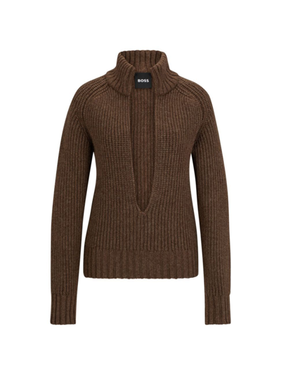 Hugo Boss V-neck Sweater In A Wool And Silk Blend In Brown