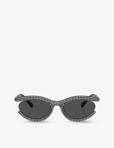 Swarovski Embellished Semi-rimmed Plastic Oval Sunglasses In Black Dark Grey Solid