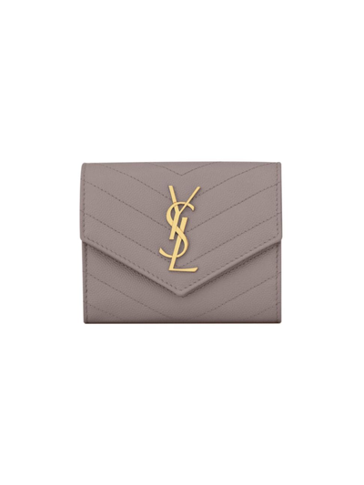 Saint Laurent Women's Cassandre Matelassé Compact Tri Fold Wallet In Grain De Poudre Embossed Leather In Fog