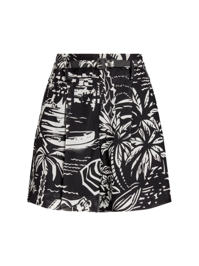 Ralph Lauren Keri Beach-print Pleated Silk-gauze Belted Shorts In Blkwht