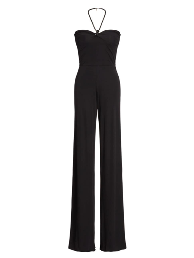 Ralph Lauren Crystal Interlock Halter Straight-leg Fluid Jumpsuit In Black