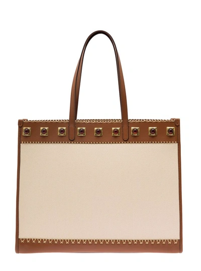 Etro Crown Me White And Brown Shopping Bag With Square Studs In Canvas Woman In Neutrals
