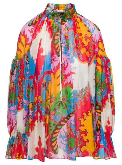 ETRO MULTICOLOR BLOUSE WITH PUFF SLEEVES AND ALL-OVER GRAPHIC PRINT IN SILK AND COTTON BLEND