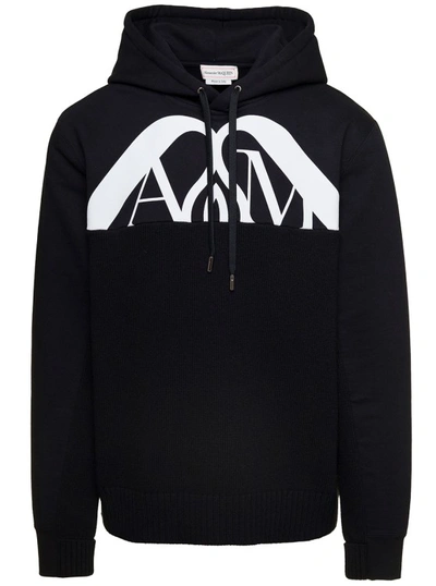 Alexander Mcqueen Black Hooded Sweatshirt With Contrasting Orchid Logo Print In Cotton