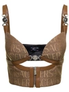 VERSACE BROWN BUSTIER TOP WITH MEDUSA AND CUT-OUT IN CANVAS