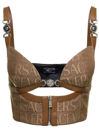 Versace Brown Bustier Top With Medusa And Cut-out In Canvas