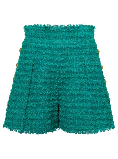 Balmain Green Shorts High Waist With Pinces And Fringed Hem In Tweed In Blue