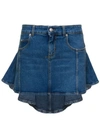 ALEXANDER MCQUEEN BLUE MINI-SKIRT WITH PLEATED DETAIL AT THE BACK IN STRETCH COTTON DENIM