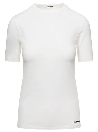 JIL SANDER WHITE CREWNECK T-SHIRT WITH CONTRASTING LOGO PRINT IN COTTON
