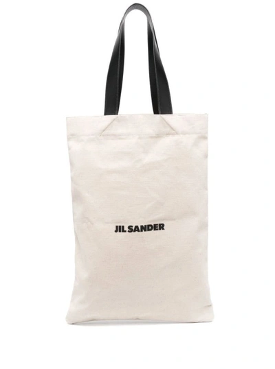 Jil Sander White Tote Bag With Logo Print In Canvas