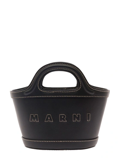 Marni Black Tropicalia Hand Bag With Logo And Embossed Details In Leather Woman