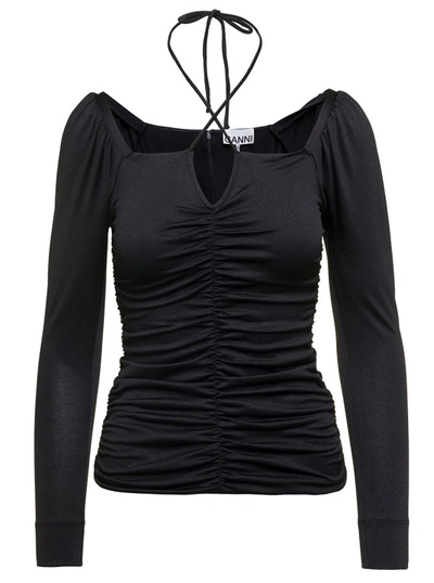 GANNI BLACK BLOUSE WITH CRISS-CROSS STRAPS AND LONG SLEEVES IN RECYCLED FABRIC