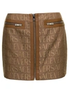 VERSACE BROWN MINI -SKIRT WITH ALL-OVER LOGO LETTERING PRINT IN CANVAS