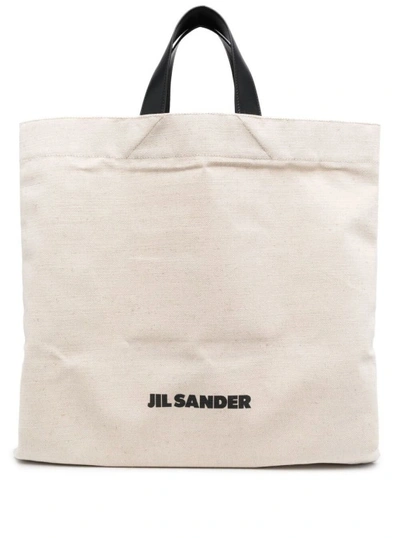 Jil Sander White Tote Bag With Logo Print In Canvas In Neutrals