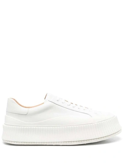 Jil Sander White Low-top Sneakers With Platform And Tonal Heel Tab In Leather