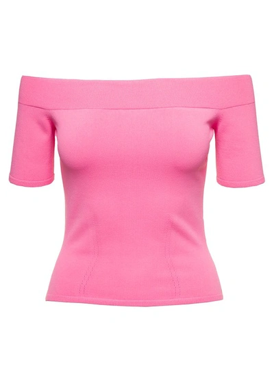 Alexander Mcqueen Pink Off-the-shoulders Top In Viscose Blend Woman In Psychedelic Pink