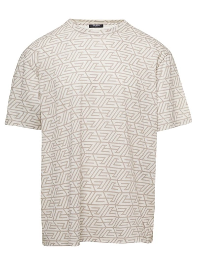 Balmain Whitet-shirt With Monogram Logo Print All-over In Cotton Man In Beige