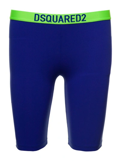 DSQUARED2 BLUE AND BRIGHT GREEN BIKER SHORTS WITH LOGO WAISTBAND IN STRETCH POLYAMIDE D-SQAURED2