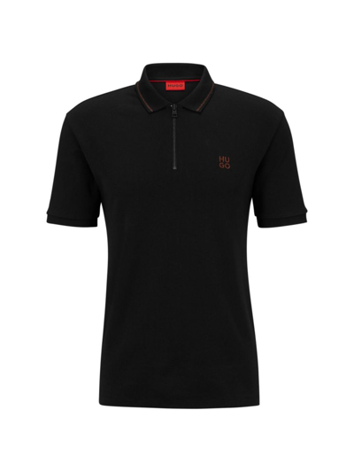 Hugo Interlock-cotton Polo Shirt With Stacked Logo In Black