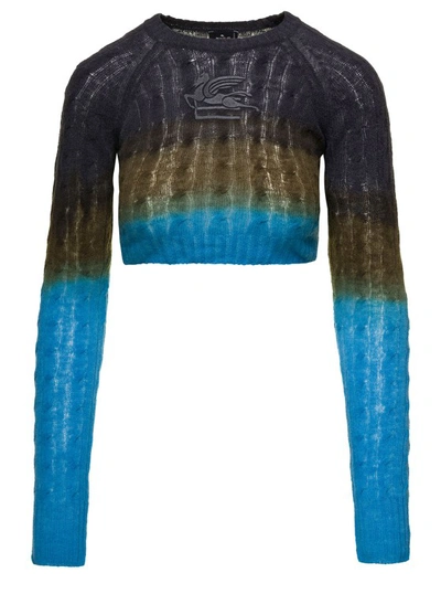 Etro Multicolor Cropped Cable-knit Sweater With Logo Embroidery In Wool Woman In Brown