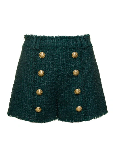 BALMAIN GREEN TWEED SHORTS WITH AGED-GOLD BUTTONS IN WOOL BLEND