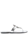 TORY BURCH MILLER' SILVER-TONE THONG SANDAL WITH CRYSTAL EMBELLISHED LOGO IN METALLIC LEATHER