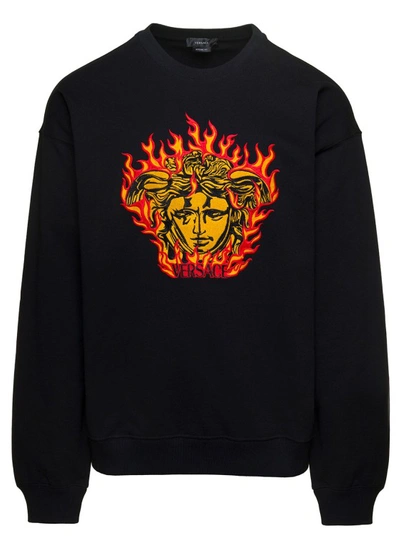 VERSACE BLACK CREWNECK SWEATSHIRT WITH MEDUSA PRINT IN COTTON