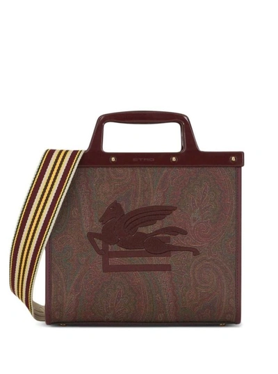 ETRO LOVE TROTTER' BROWN SHOPPER BAG WITH RIBBON SHOULDER STRAP AND EMBROIDERED LOO IN COTTON BLEND