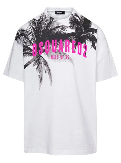 DSQUARED2 WHITE CREWNECK T-SHIRT WITH PALMS LOGO PRINT IN COTTON JERSEY