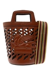 ETRO BROWN BUCKET BAG WITH MULTICOLOR SHOULDER STRAP AND PEGASUS DETAIL IN PERFORATED LEATHER