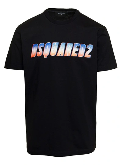 DSQUARED2 BLACK CREWNECK T-SHIRT WITH FRONT LOGO PRINT IN COTTON