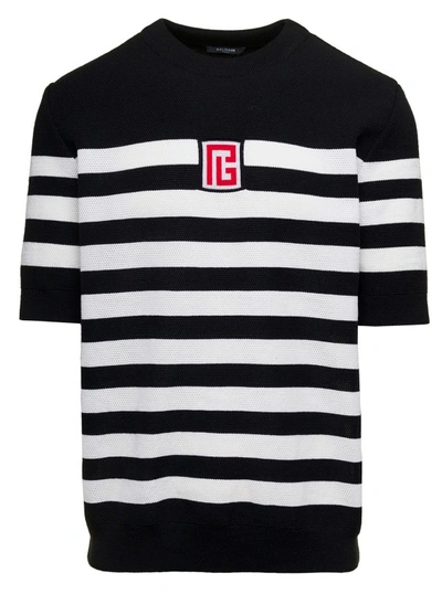 BALMAIN BLACK AND WHITE STRIPE T-SHIRT WITH LOGO EMBROIDERY IN WOOL