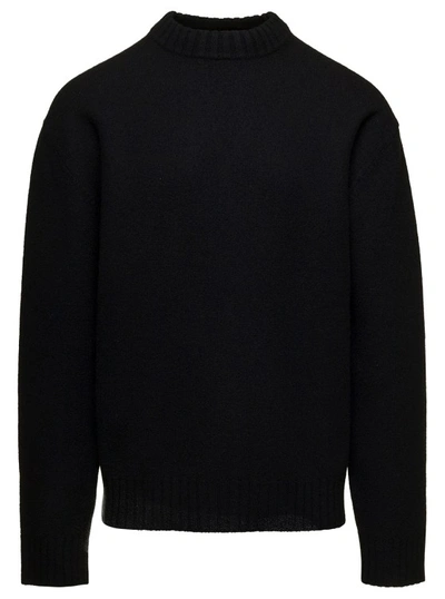 Jil Sander Black Crewneck Sweater With Ribbed Trim In Wool